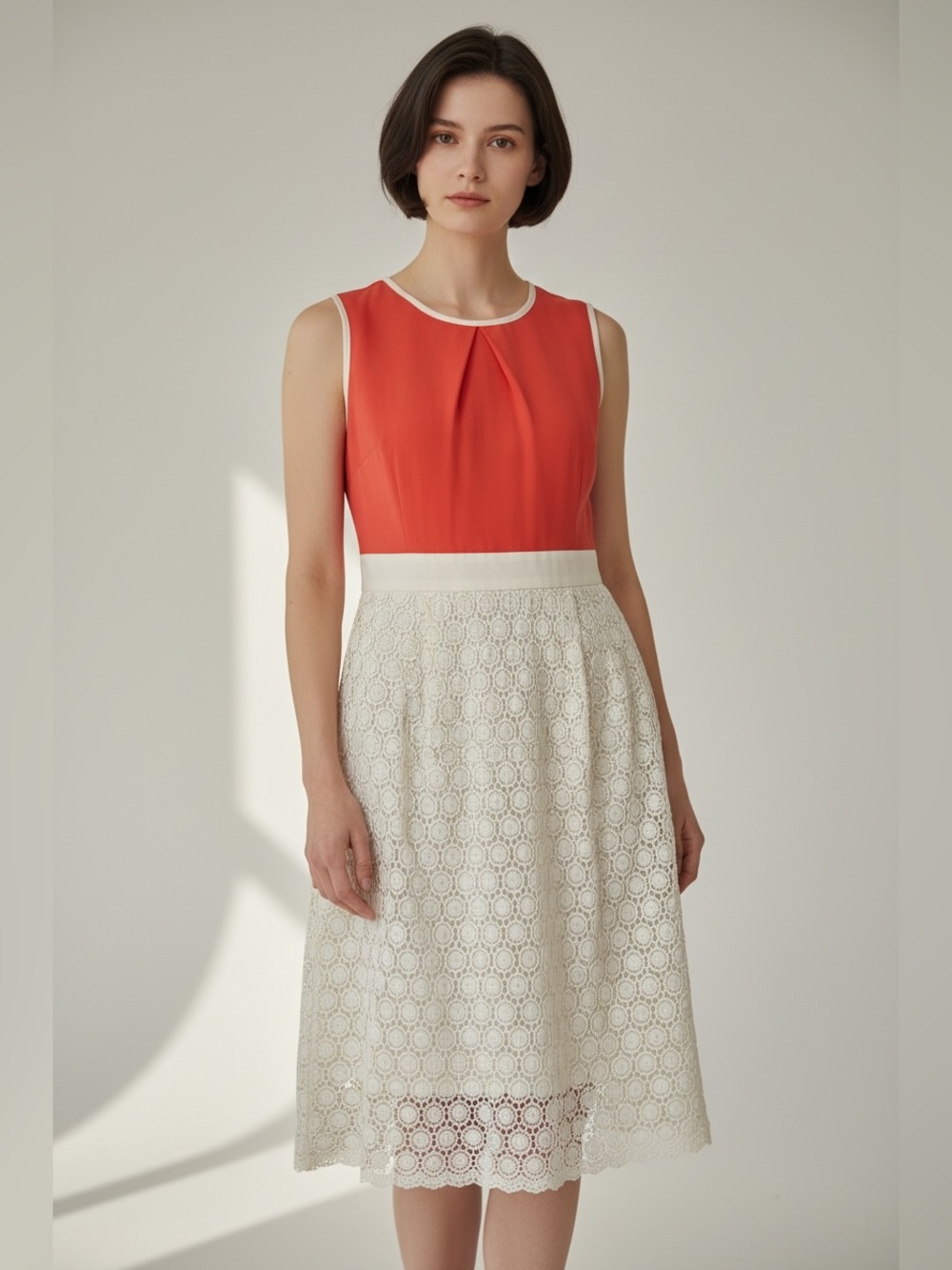 Pink Martini Sleeveless Coral Colorblock Ivory Lace Sheath Dress